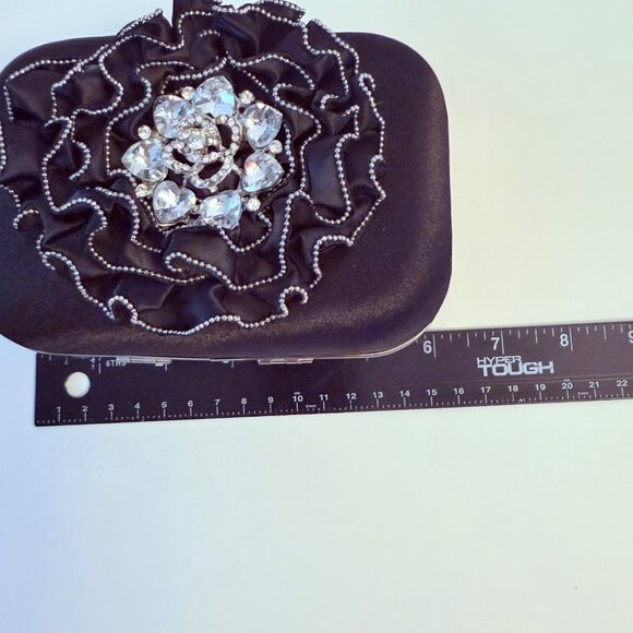 Charming Charlie Black Satin Clutch Purse Rhinestone Evening Bag Hard Case Ruffl - Picture 8 of 15